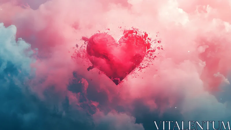 Explosive Heart Form in Pink Gradient Clouds with Particle Dispersion Effect