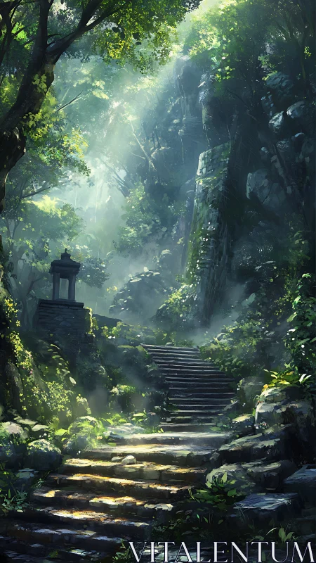 Mystical Temple Ruins in Luminous Forest Sanctuary.