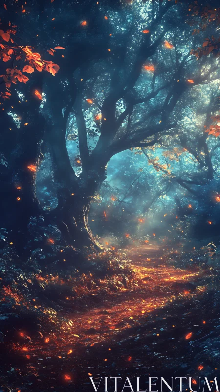 Luminous forest path with glowing particles and dense trees.
