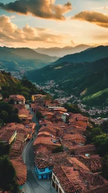 Photorealistic mountain town vista with terracotta roof rhythm.