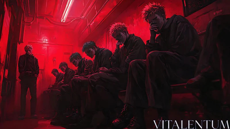 Brooding figures sit in a crimson corridor of uneasy silence