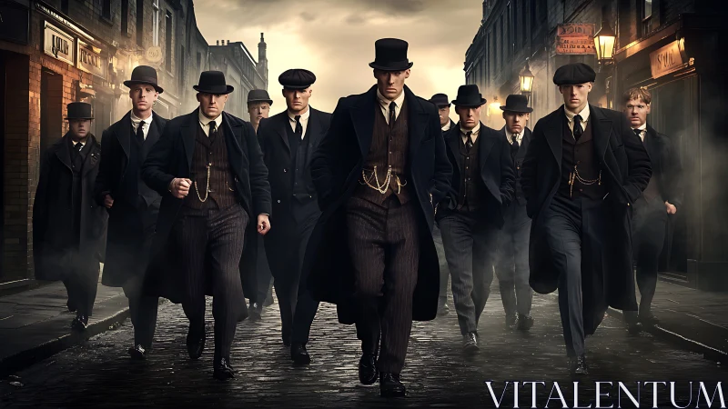 Noir street ensemble in synchronized forward motion study.