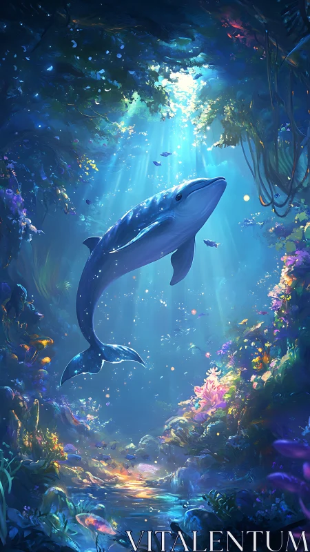 Bioluminescent whale in luminous coral ravine under caustic rays.