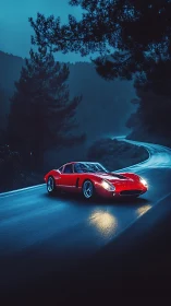 Red vintage sports coupe navigates wet mountain switchback road at dusk