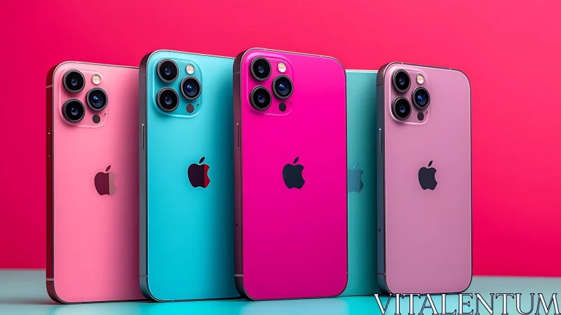 Colorful smartphones stand upright against bright pink background