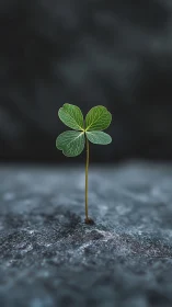 Four-leaf clover macro on textured stone with dark bokeh.