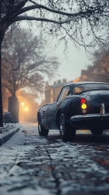 Vintage coupe on wet cobblestone street in winter fog.