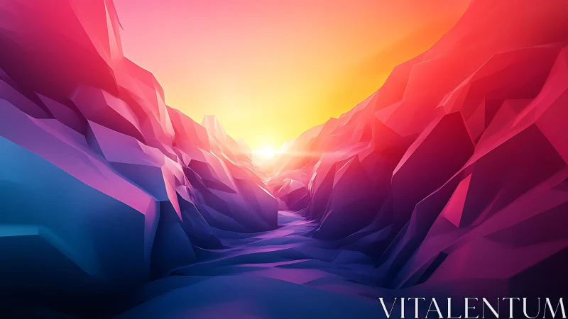 Low poly canyon landscape with vivid sunrise glow.
