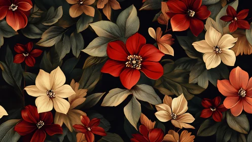 Floral arrangement with red, cream, and brown flowers on black background.
