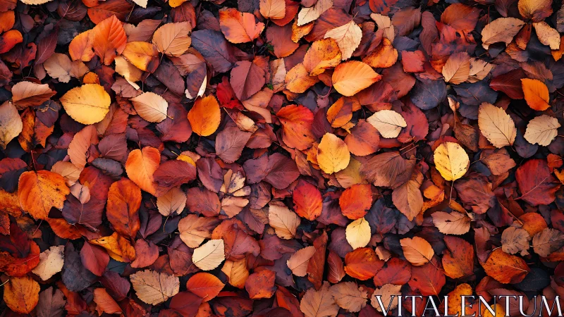Colorful autumn leaves forming dense forest floor pattern.