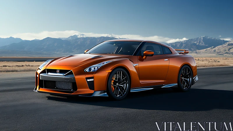 Orange sports coupe stands on open highway with mountains behind