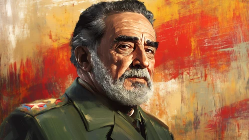 Stoic military commander painted against blazing colors.