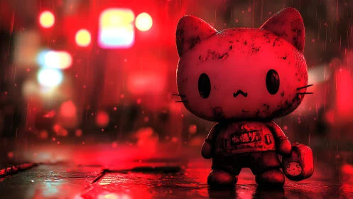 Neon-lit cat figurine in rain-soaked cyberpunk alleyway.