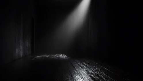 Single spotlight cutting darkness in empty wooden room.