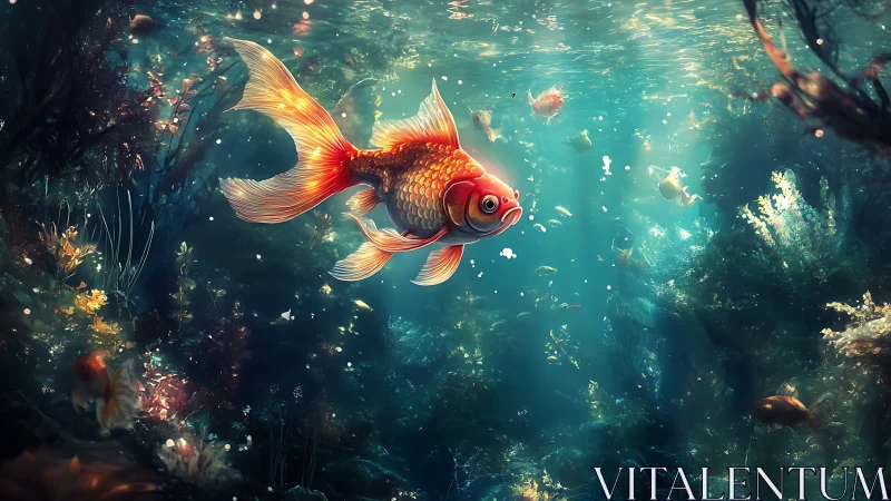 Golden daydream goldfish gliding through a glowing reef.