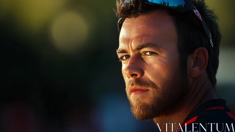 Photorealistic male portrait in dramatic sunset side lighting.