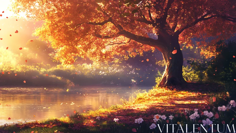 Golden autumn tree over riverside clearing at sunset.