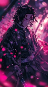 Swordsman in uniform stands amid pink particles at dusk