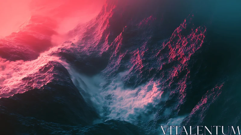 Neon pink light over dark ocean waves in heavy motion.