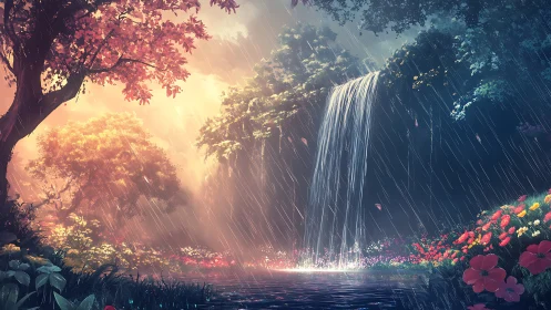 Waterfall cascades into flowered forest pool during rain