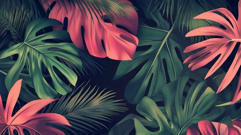 Tropical monstera leaves in green and coral tones pattern.