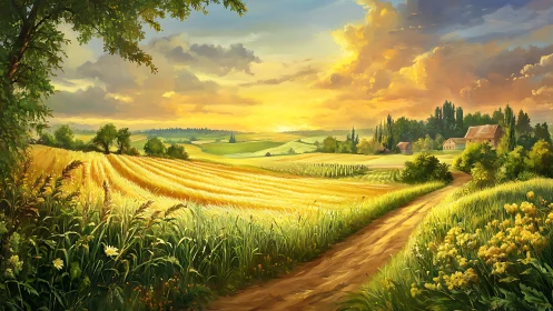 Sunlit country fields and winding path at golden sunset.