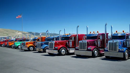 Row of color-varied semi trucks parked under clear sky.