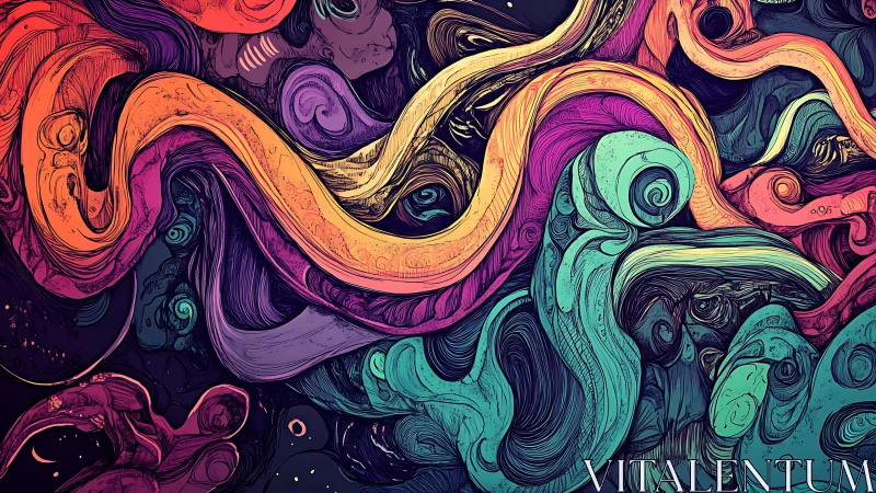 Neon ribbons twist through swirling abstract dreamscape.