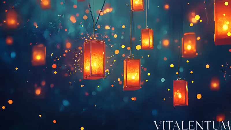 Floating lantern lights glow warmly against a dreamy night sky