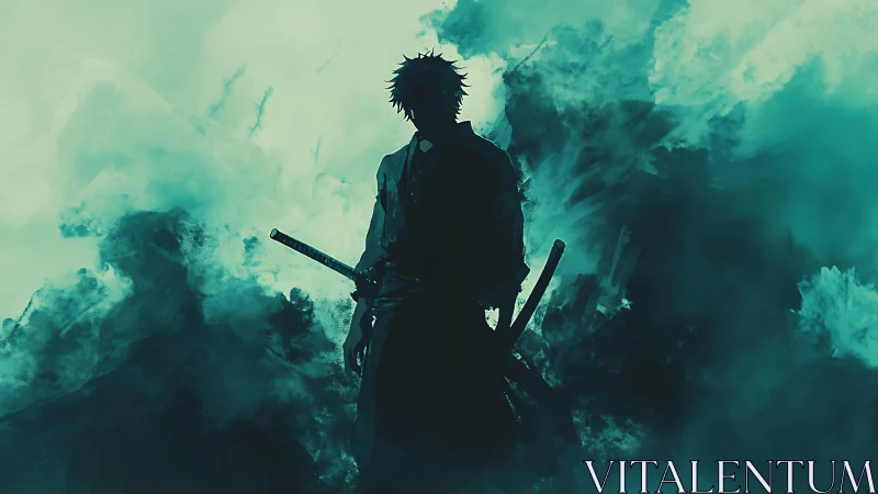 Lone swordsman emerging from swirling teal battle smoke.