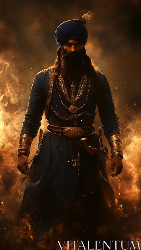 Digital painting of a warrior sikh leader in blazing inferno field.