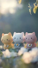 Three ceramic cat figurines in warm, cool, and dusty tones.