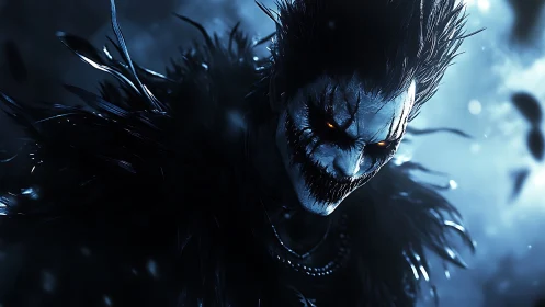 Eerie demon jester in icy blue backlight, razor grin poised.