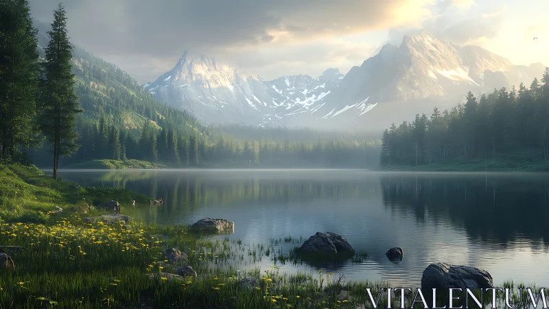 Mountain lake with pine forest and snow peaks at sunrise.