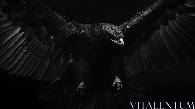 High-contrast photorealistic black raptor with wings spread