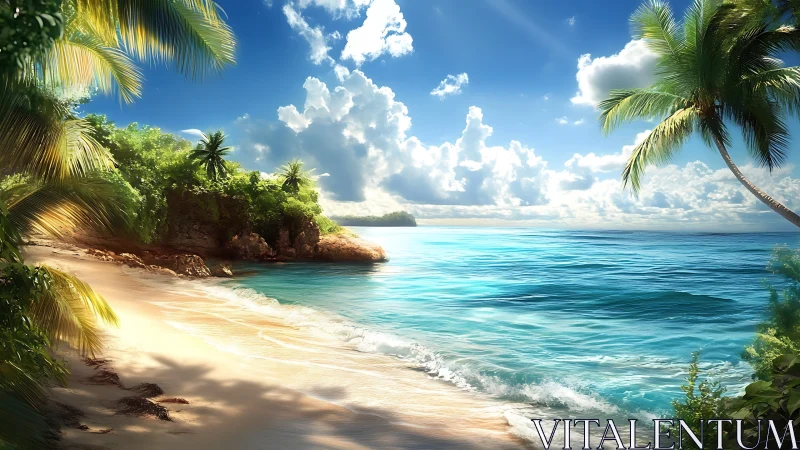 Tropical Beach Cove with Palm Trees and Turquoise Waters