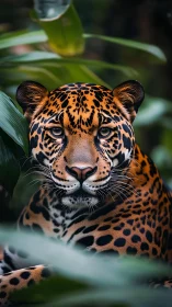 Photorealistic jaguar portrait framed by lush jungle foliage.