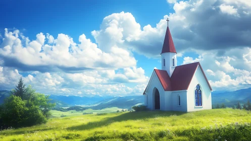 Country chapel with red roof amid luminous mountain meadow.