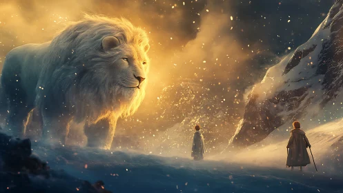 Majestic white lion confronting travelers in glowing snowstorm.