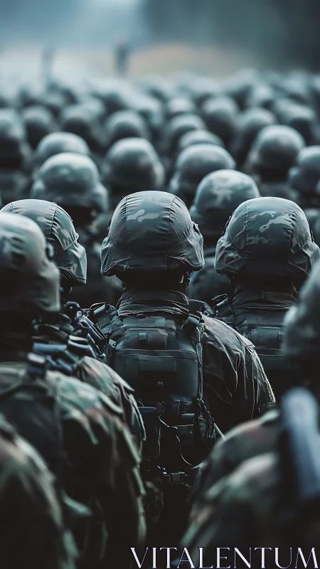 Military personnel in uniformed formation viewed from rear.