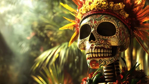 Highly detailed sugar skull effigy with floral headdress under dappled jungle light
