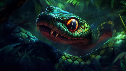 Close view of iridescent green snake in dense jungle foliage.