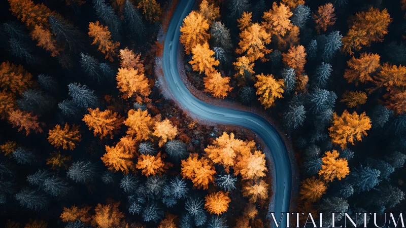 Curving forest road winding through glowing autumn treetops.