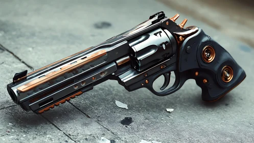 Futuristic heavy revolver rendered with cybernetic detailing
