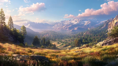 Digital painting of alpine wildflower valley under warm sunrise.