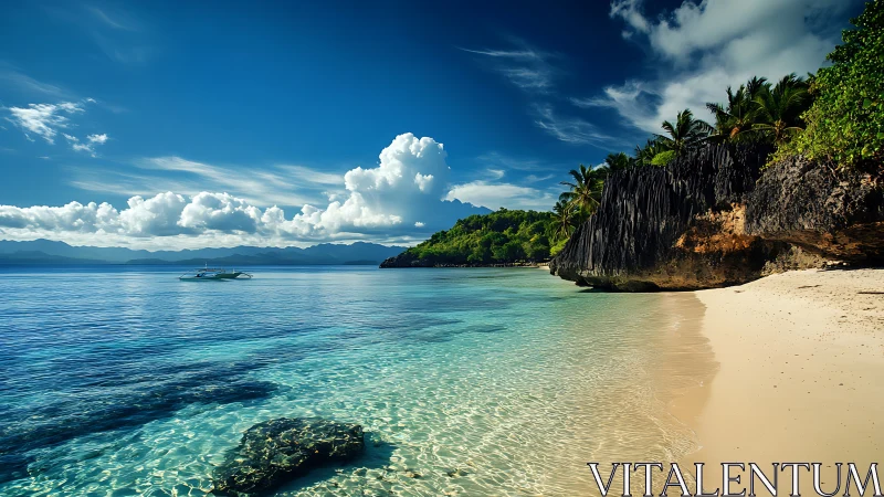 Tropical Island Beach with Limestone Cliffs.