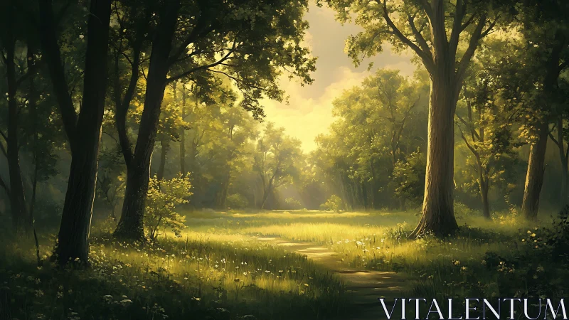 Forest landscape with sunlit clearing and distant trees