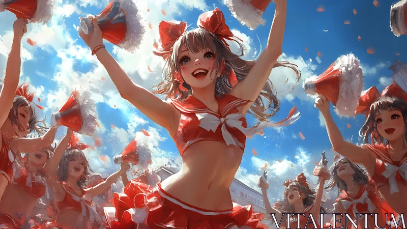Cheer squad in red uniforms under clear daytime sky.