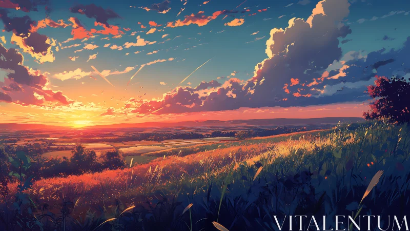 Sunset hillside dreamscape over glowing summer fields.