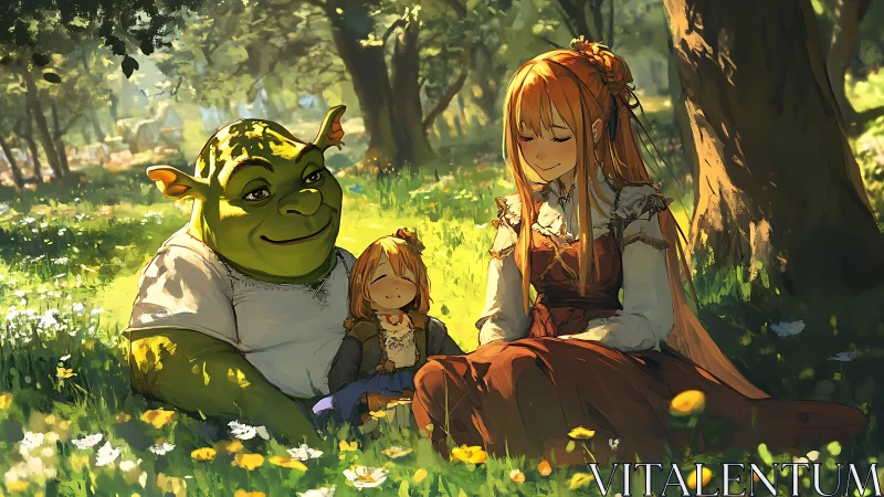 Green ogre and two humans resting in a sunlit meadow.